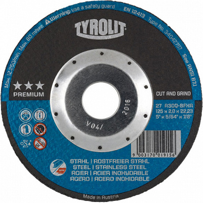 Шлифовальный диск для ручных машин Tyrolit Premium A24P-BFX 125х7х22,23 тип 27 фото